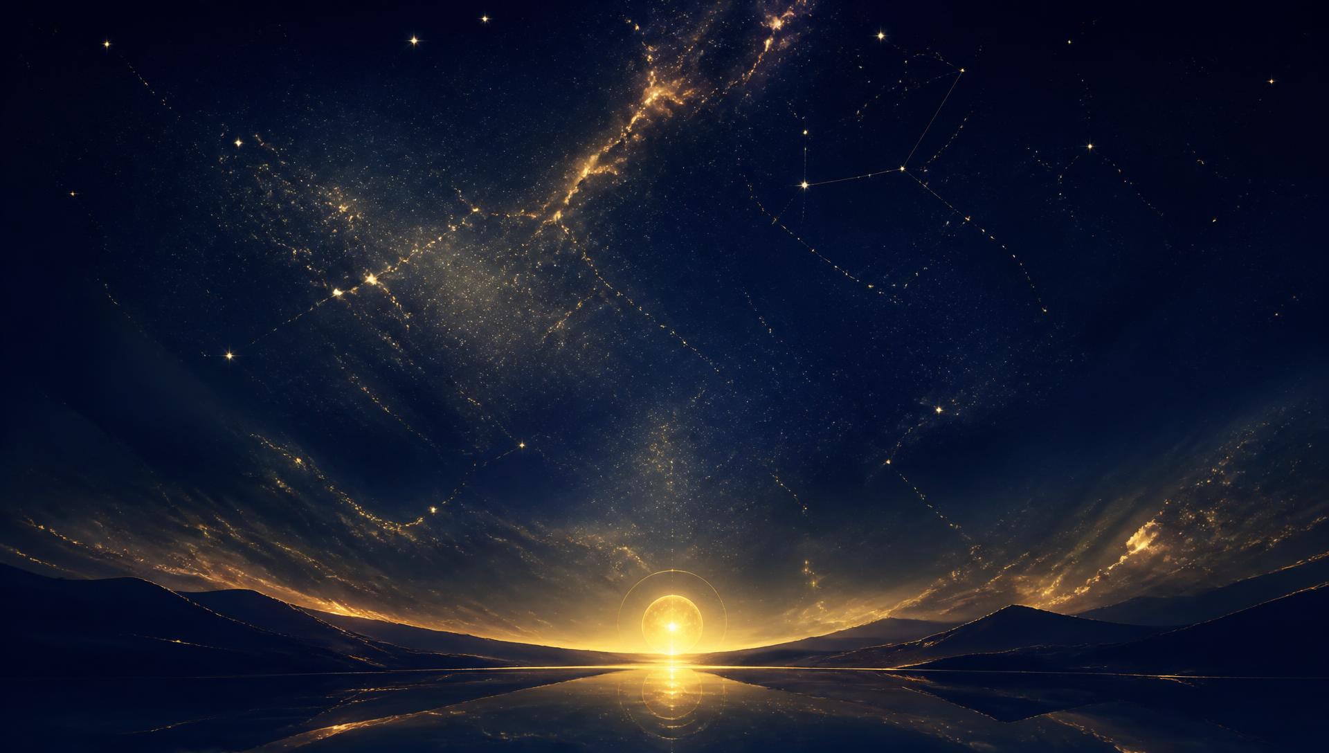 A golden light rising over still water beneath a field of stars